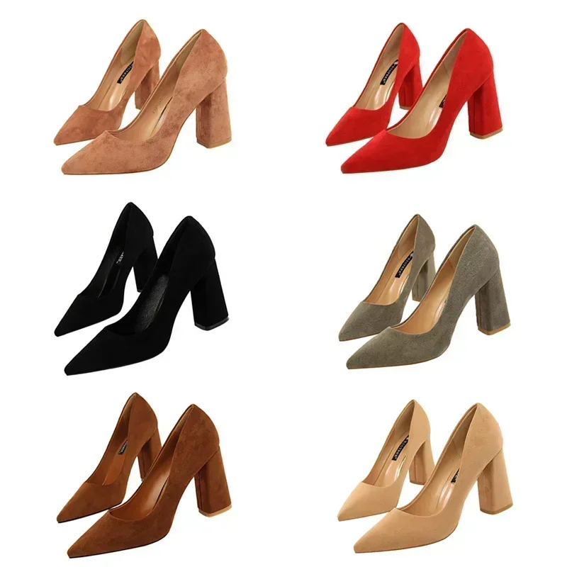 Women Elegant Suede 8.5cm High Heels Formal Occasion Pumps Lady Fashion Party Block High Heels Red Khaki Nightclub Dance Shoes