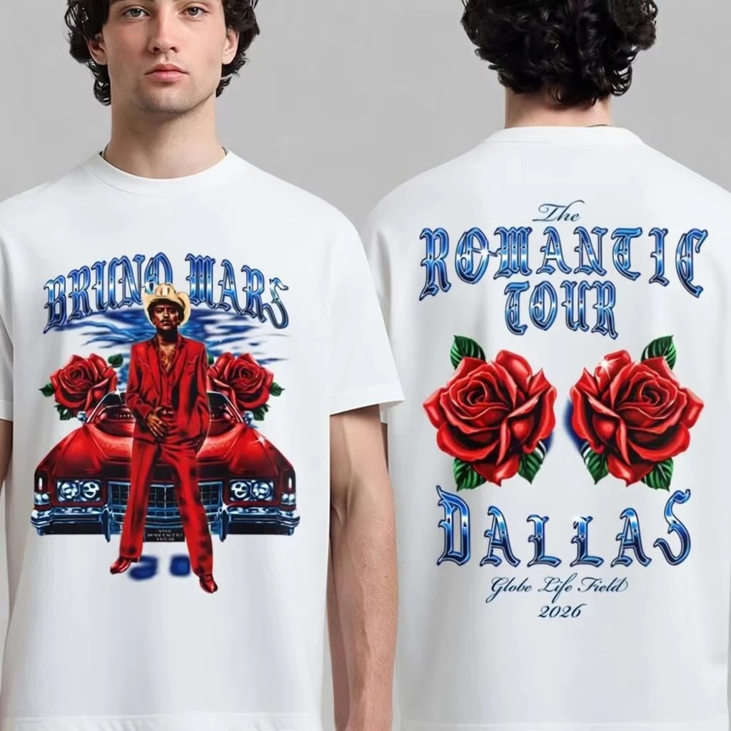 2026 Summer Bruno Mars The Romantic Tour Schedule Dates Two Sided T-shirt Gift for Her Men Women Cotton Oversized T-shirt Y2K