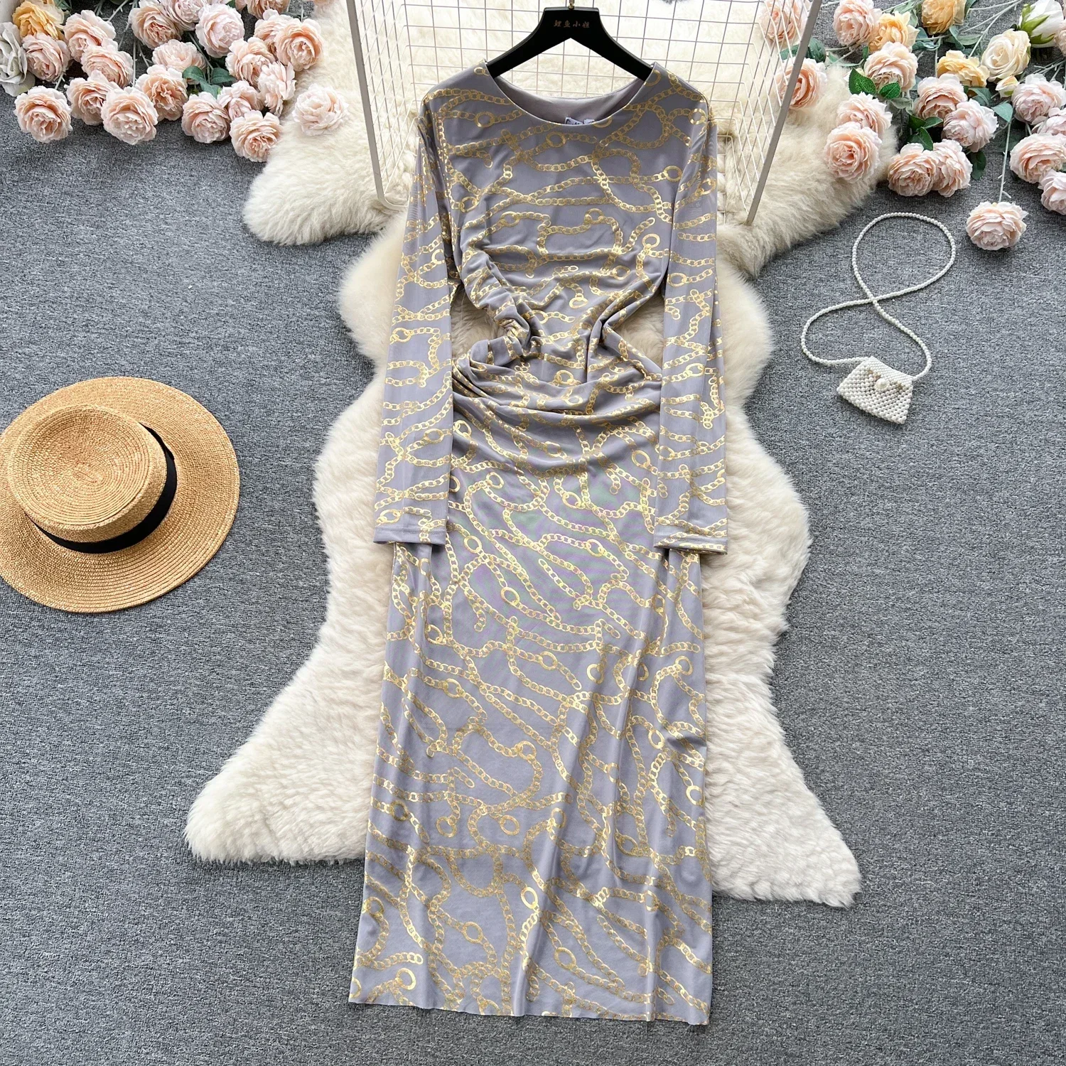 Elegant print o-neck Folds Long Sleeve Pencil Dress Slim Basic Fashion Sexy Winter Clothing Long skirt