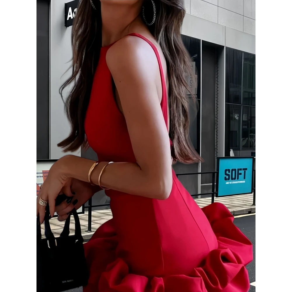 

Women's Fashion Solid Color Sleeveless Mini Dress Blackless Frill Edible Tree Fungus Design Night Club Sexy Mini Dress for Woman