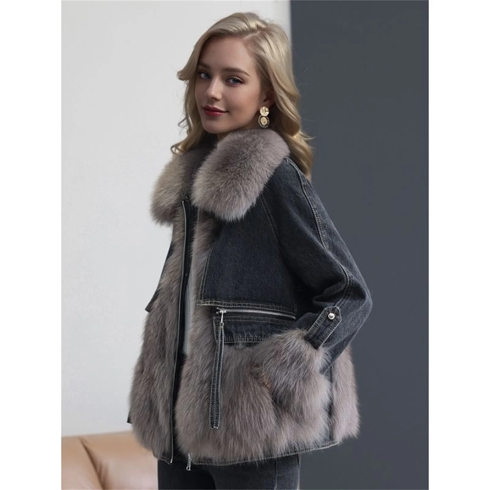 Autunno e inverno nuovo stile con giacca in peluche e spessa floccaggio elegante giacca in Denim con soprabito in pelliccia simulata da donna