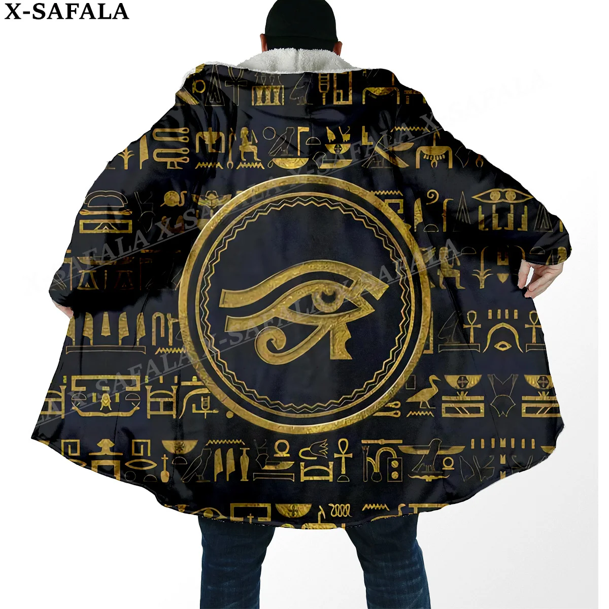 Pharaoh Ancient Egyptian Cat Print Thick Warm Hooded Cloak Men Overcoat Coat Windproof Fleece Cape Robe Hooded Blanket-7