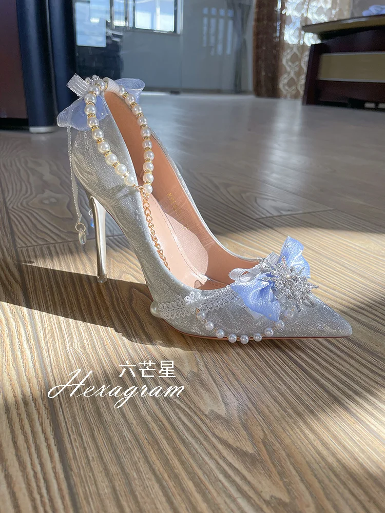 Elegant Retro Lolita Court Style Lolita Flower Wedding Gorgeous Satin Bow Pearl Gem Ribbon Bowknot 7.5-10.5cm High Heels Shoes
