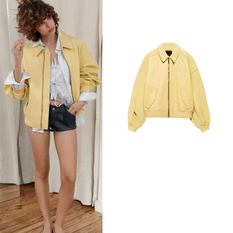 

Spring Summer New Women's Zipper Collar Long Sleeve Ribbed Layer Pilot Jacket Coat Commute Style Loose Fit Polyester Fiber