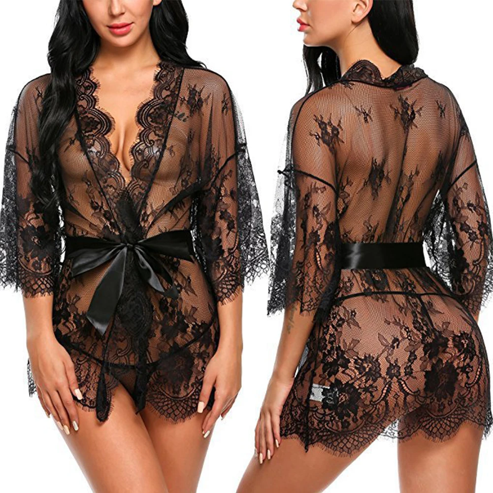 Piyama seksi wanita Lingerie super tipis gaun malam renda berongga baju tidur tembus pandang jubah gaun Kimono babydoll pakaian erotis