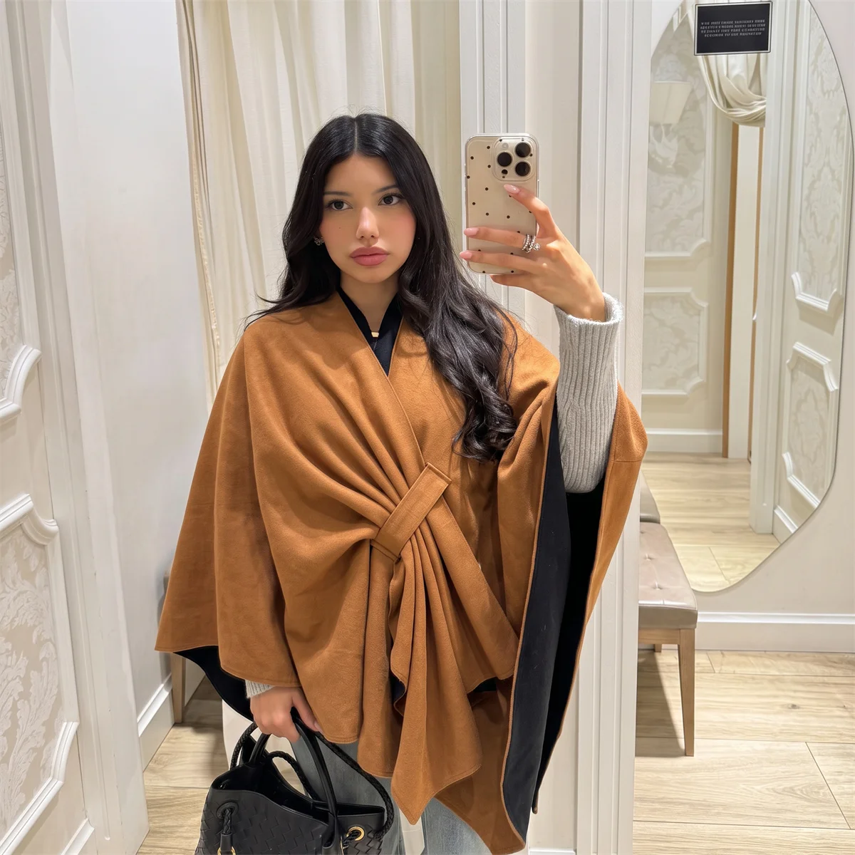 Women Tie Knot Cape Shawl Wrap Poncho Coat Soft Thick Warm Outerwear Elegant Fall Winter Ladies Office Daily Travel Versatile
