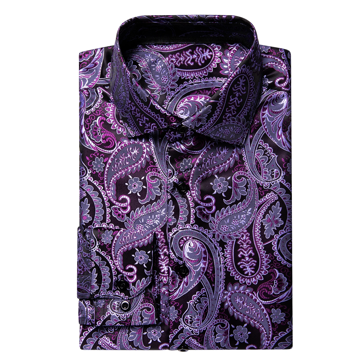 Dark Purple Men Shirt Fashion Silk Long Sleeve Lapel Slim Fit Paisley Jacquard Male Shirt With Brooch Business Party Gift Hi-Tie