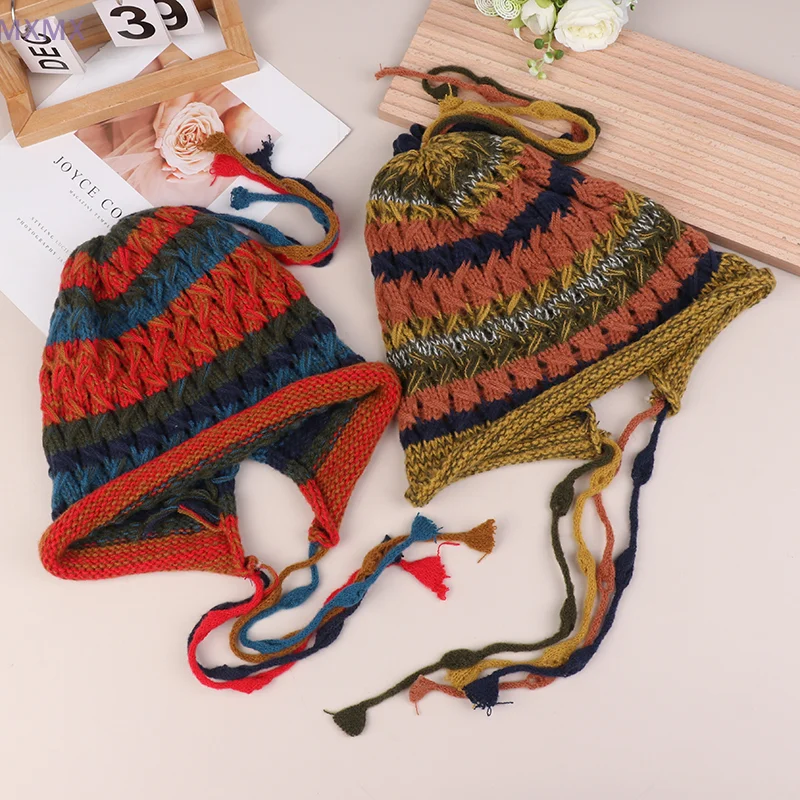 Handmade Crochet Colourful Woolen Knitted Hat Winter Women Elastic Thick Beanie With Plush Ball Tassels Warm Ear Protection Cap