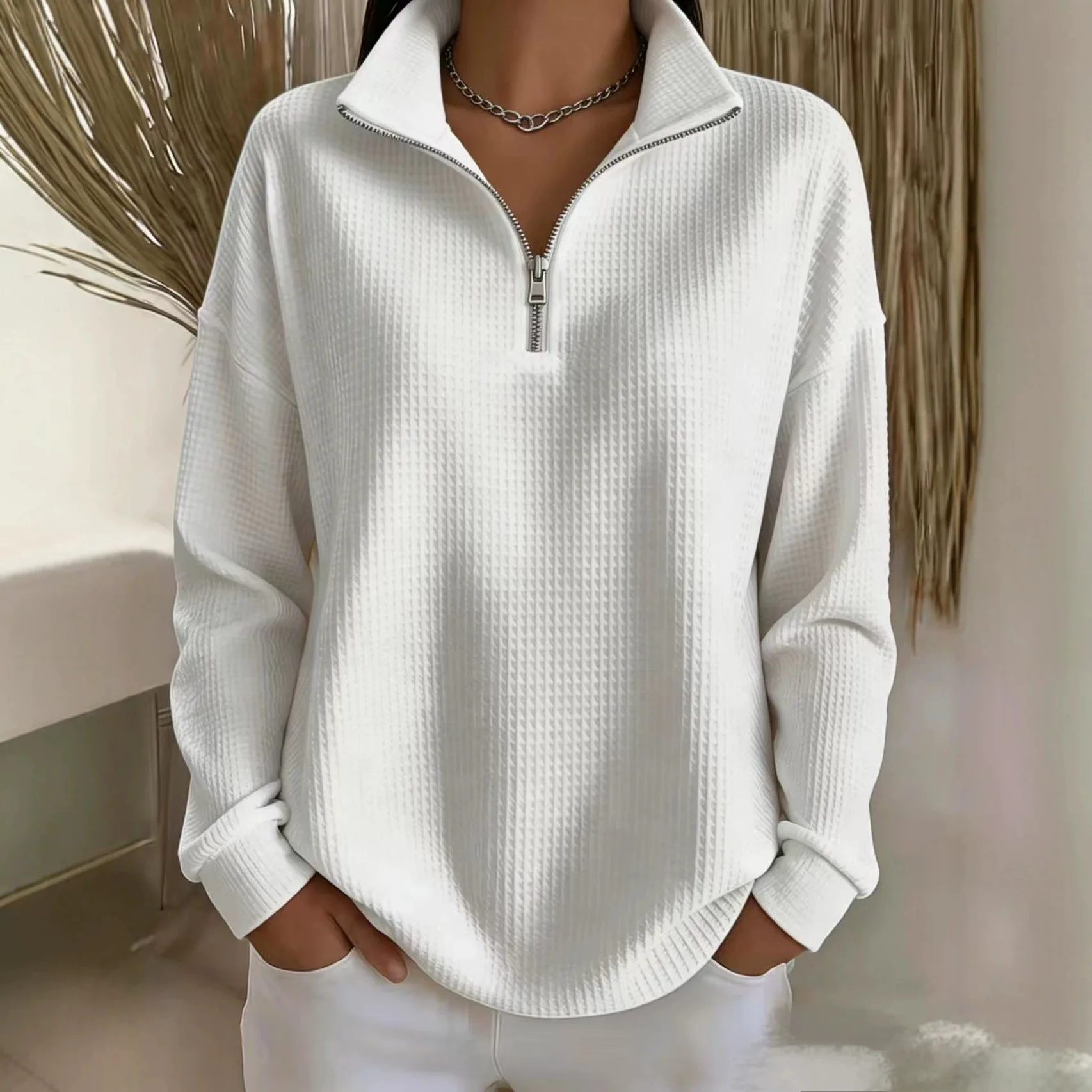 Women's Half Zip Waffle Knit Pullover Long Sleeve Collared Drop Shoulder Loose Fit Casual Autumn Top