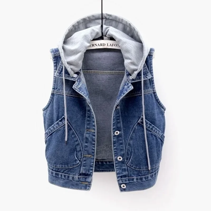 Sleeveless Jeans Jacket Women Korean Fashion Hooded Vests Jean Short Waistcoat Large Size Cotton Zipper Denim Vest Female