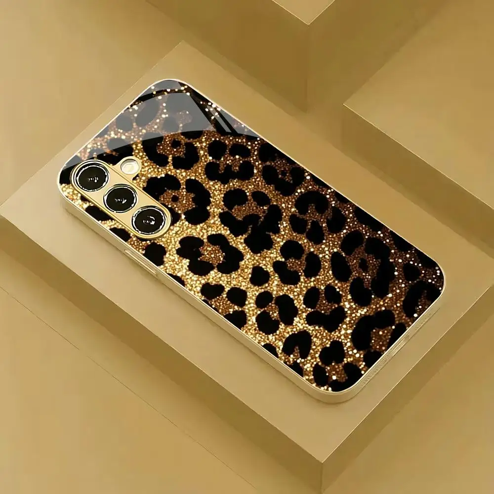 Golden leopard print electroplated glass phone case suitable for Samsung Galaxy S26 S25 S24 S22 S21 S20 FE/Ultra/Plus anti drop