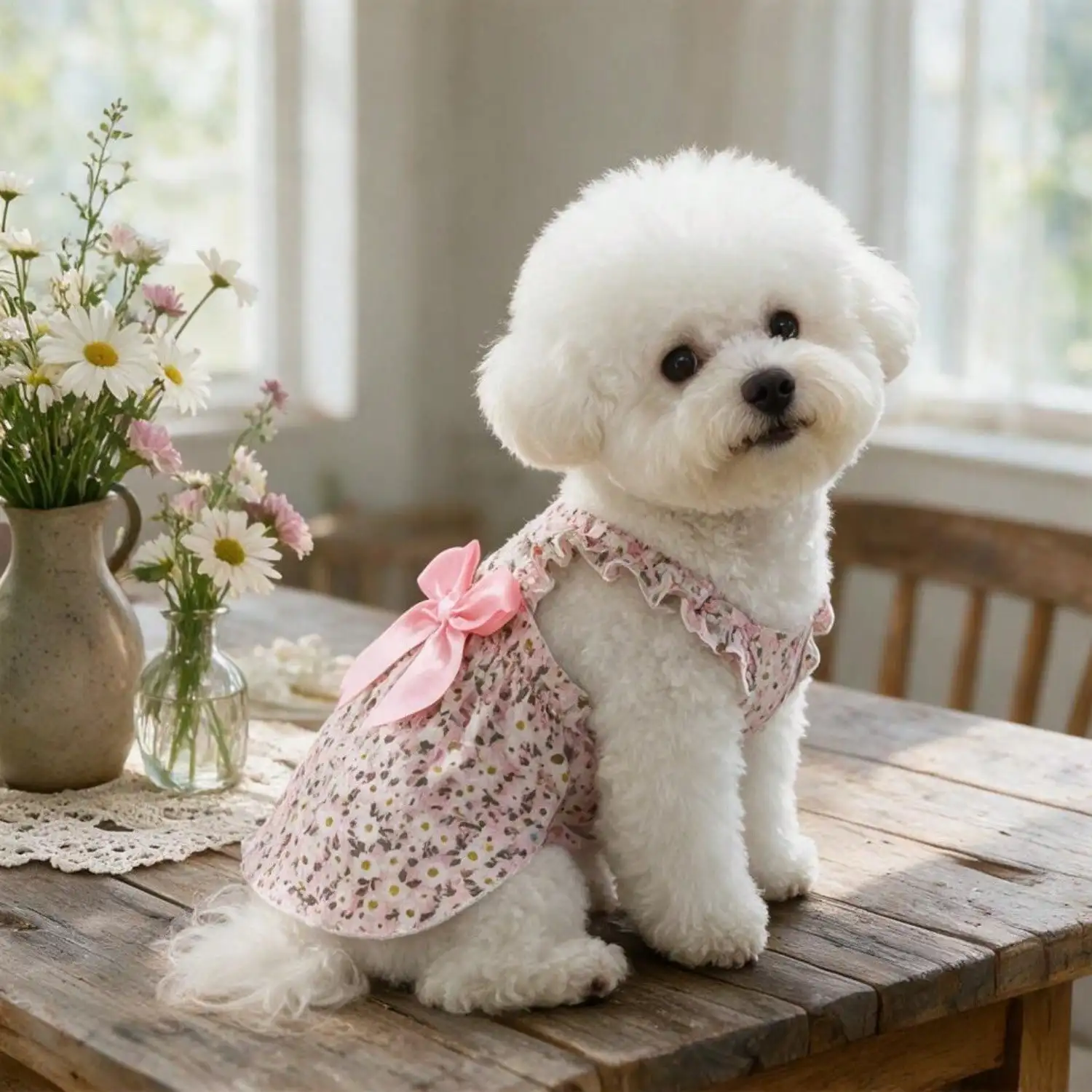 Sommerkleid für Haustiere, ärmellos, mit Blumenmuster, Rüschenriemen, großer Schleife als Dekoration für kleine Hunde, für den täglichen Gebrauch und Partys. – Detail 35
