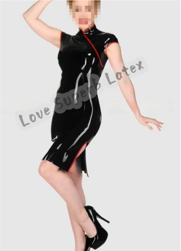 

Traditional Chinese cheongsam latex dress with two side splits classic Chinese cheongsam short sleeve Latex Dress