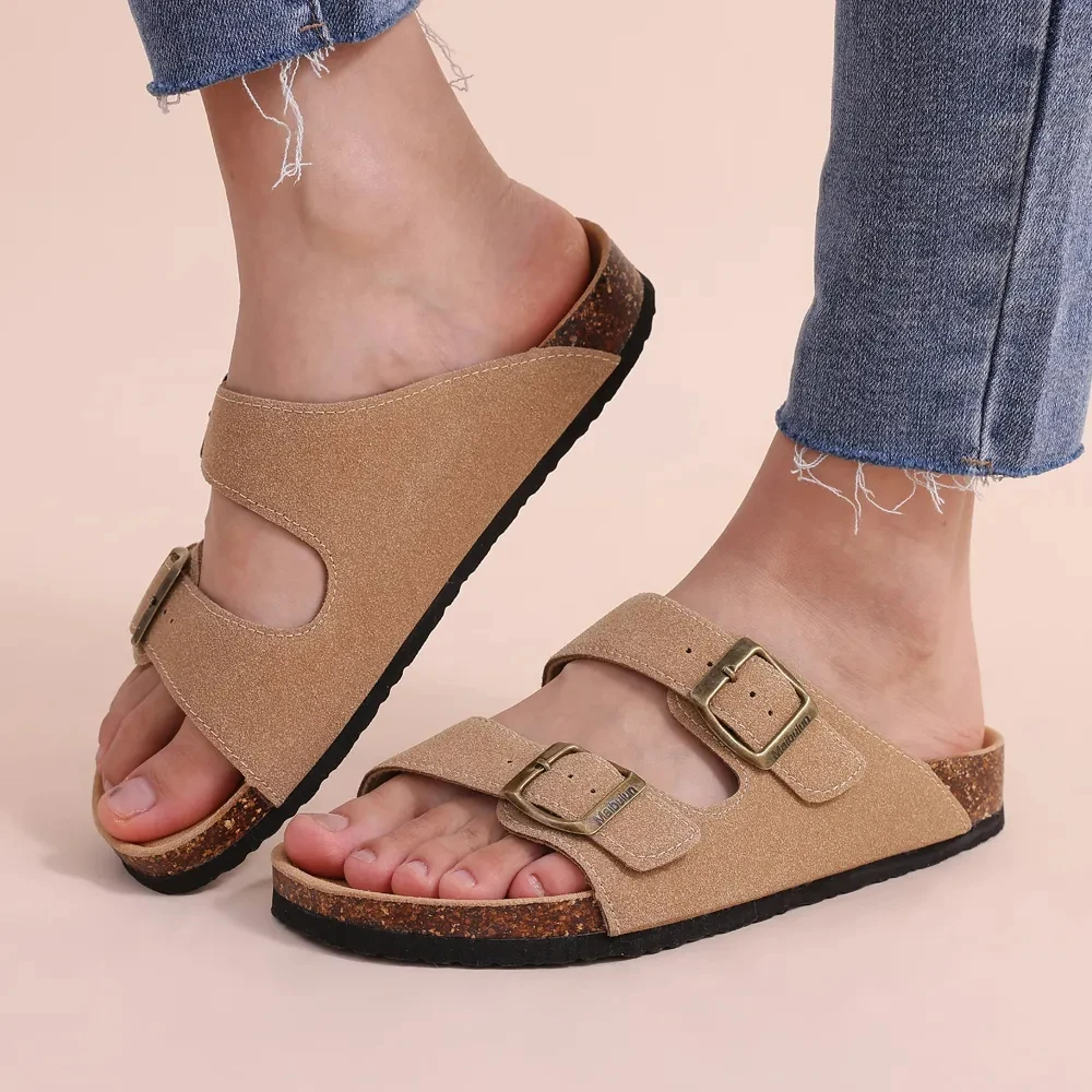 Sandálias Crestar Cork Footbed para homens e mulheres, chinelos novos clássicos de cor sólida com suporte de arco, chinelos de camurça