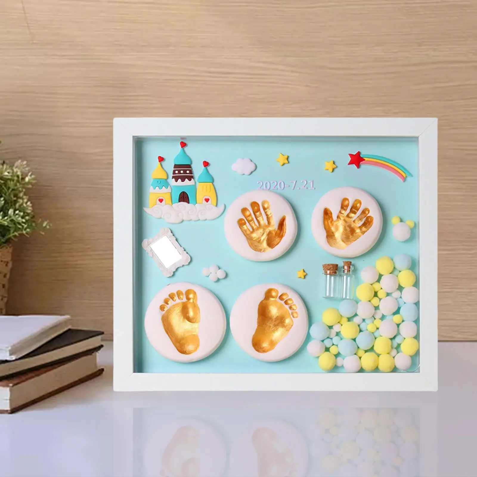 

Baby Photo Frame Wooden Handprint Footprint Album Unisex 12 Month Keepsake for Newborn Boys Girls Home Souvenir Gift