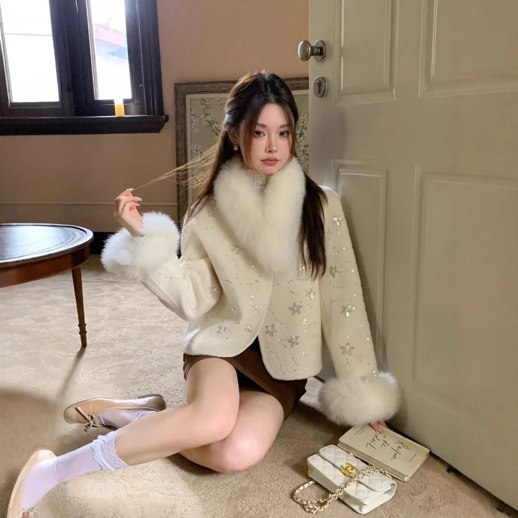 

Двусторонняя шерстяная куртка из искусственного меха, короткое блестящее пальто для повседневной носки, черное, укороченное