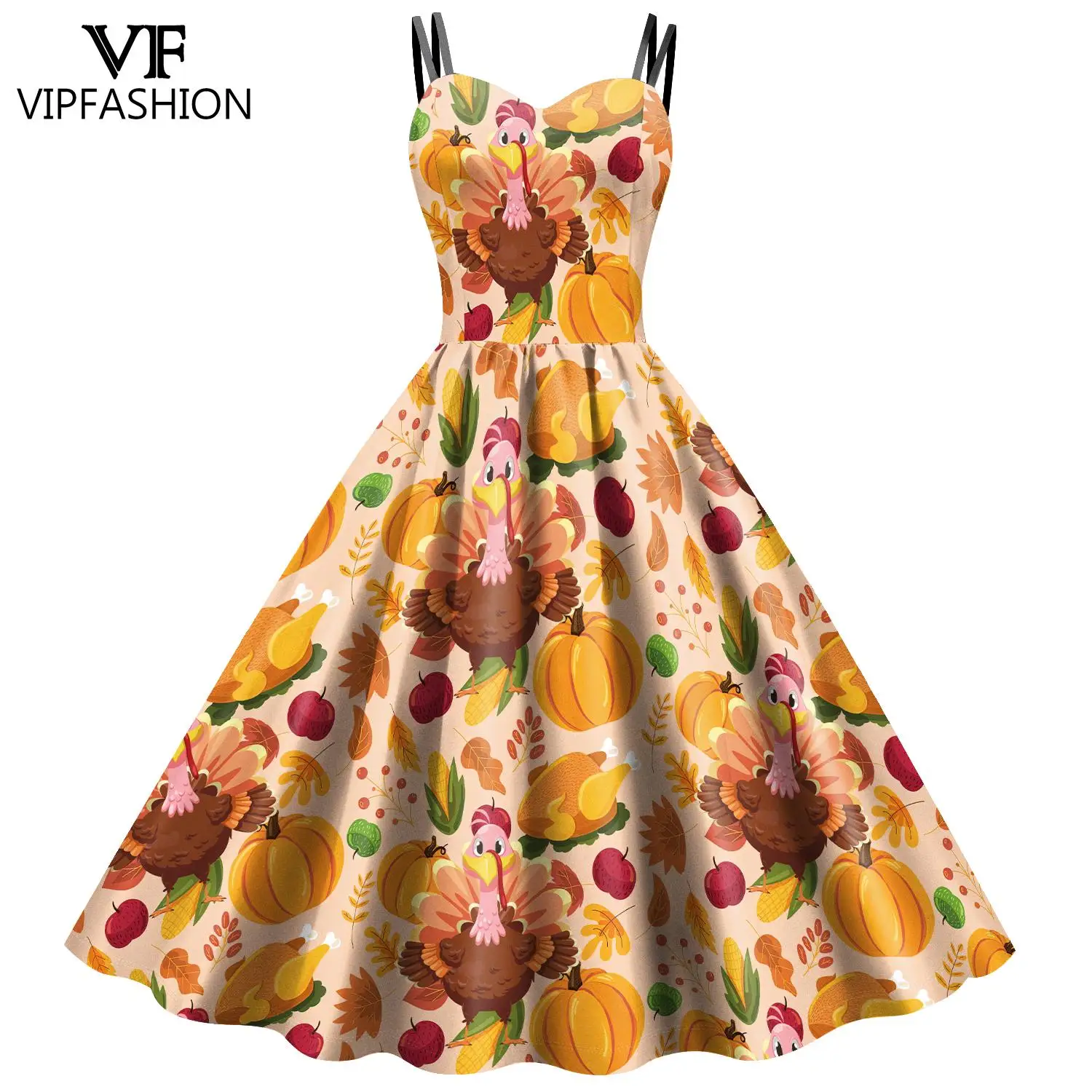 VIP FASHION Thanksgiving Day Women Dress Sleeveless Slip Dresses Turkey Print Party Outfit Holiday Cosplay Costume Sexy Clothes