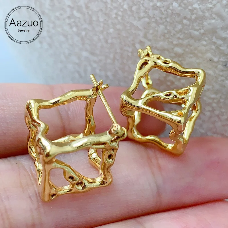 

Aazuo 18K Solid Yellow Gold None Stone Three-Dimen Fairy Squareshape Stud Earring Gifted For Women Advanced Wedding Party Au750