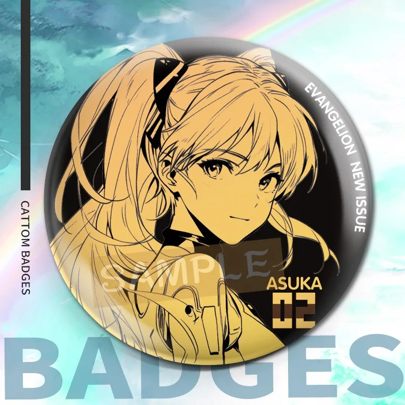 

58mm Neon Cute Genesis Classic Evangelion Anime Peripheral Double Flash Badge Bright Bronzing Badge Cartoon Lapel Pin Brooch