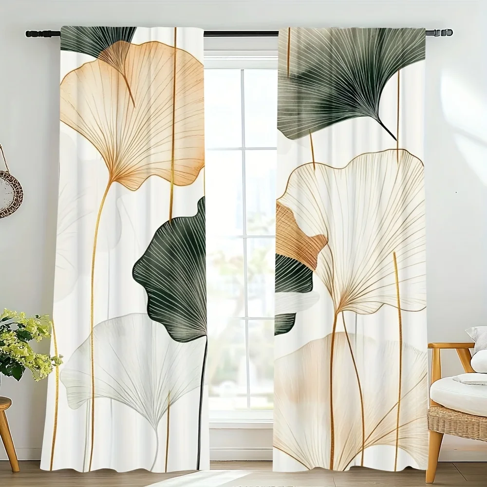 2pc Bohemian-style green botanical print curtains, made of polyester, machine washable, suitable for bedroom living room décor.