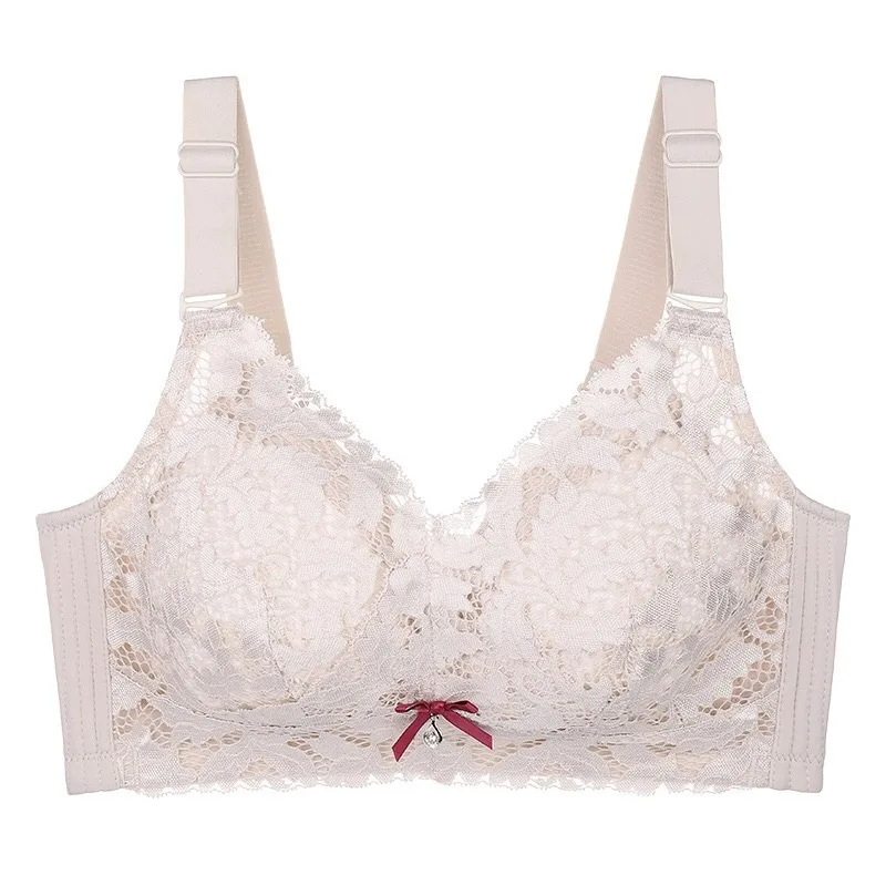 Wireless Full Cup Lace Comfortable Bra Gather Adjustable Type Breast Reduction Underwear for Women Soft Steel Ring Free V Type