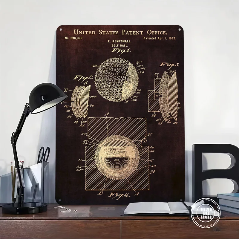 Patent Drawing for E Kempshalls Golf Ball 1905 Metal Poster Custom Wall Art Retro Vintage Tinplate Signs for Man Cave Desk Decor