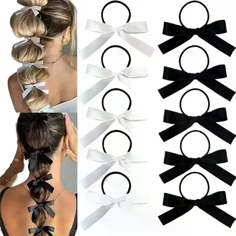 5 szt. Modne czarne gumki do włosów z kokardą, elastyczne gumki do włosów, scrunchies dla kobiet i dziewcząt, akcesoria do włosów na imprezę