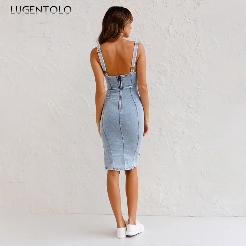 Robe en jean pour femmes, Sexy, dos nu, mode, bretelles, en détresse, Slim, sans manches, nouvelle fermeture éclair, tissu Midi solide, été