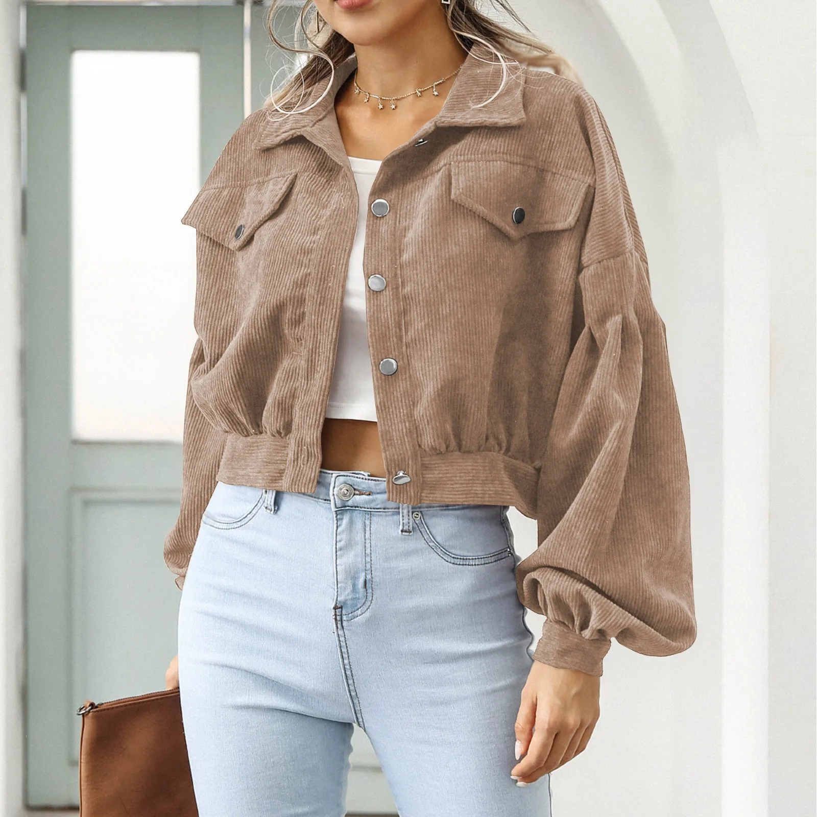 

Women Solid Cropped Jackets Coat Long Sleeve With Buttons Short Coat Female Casual Loose Chic Tops Woman Fashion Streetwear