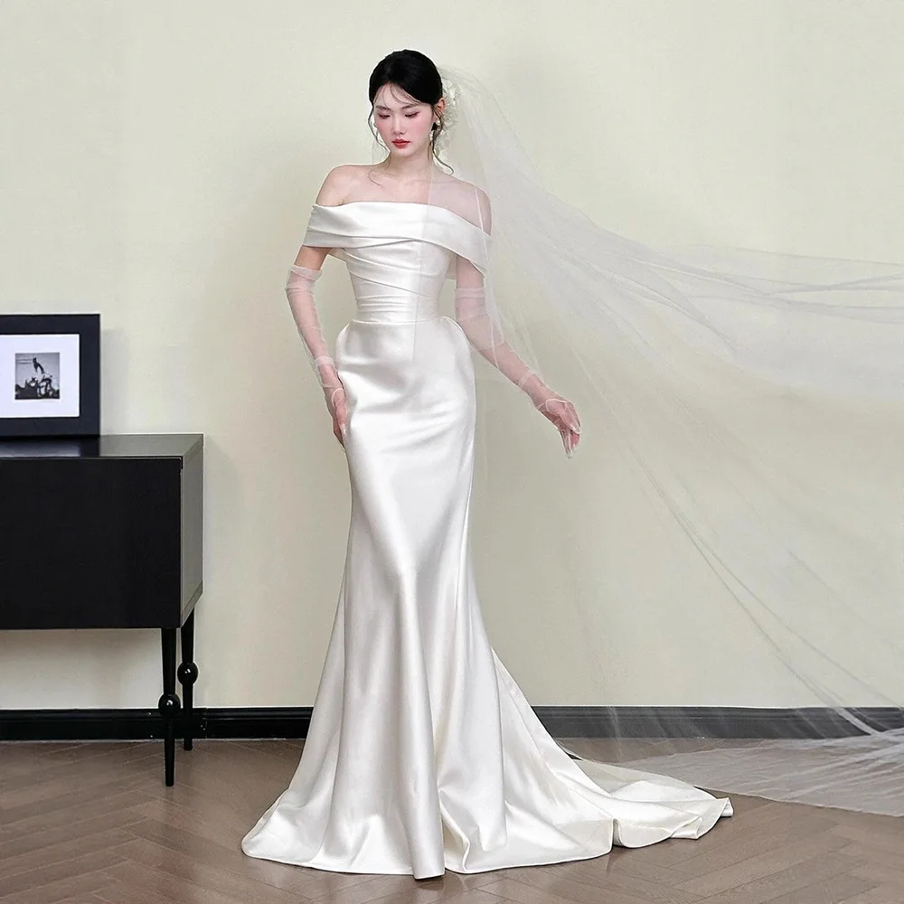 

Light Satin Wedding Dr One-oulder Tailored Outing Gown Simple Forest System White Fi-Tail Evening Gown for Brides