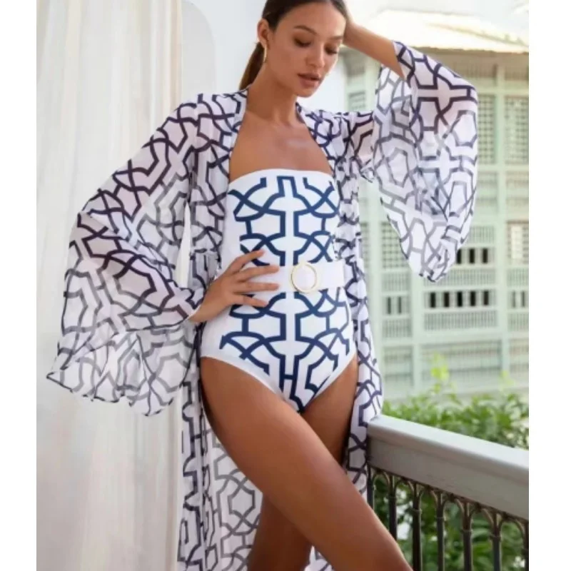 

2026 Floral Printed One Piece Swimsuit Matching Long Sleeve Cover Up Ladies Retro Elegant Slim Fit Beach Outfit Casual Vacation