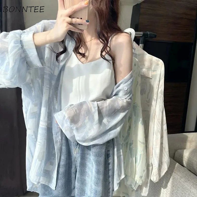 

Tie-dye Long-sleeve Shirts Women Spring Summer Sweet Girlish Chiffon Shirt Holiday Sun-proof Thin Fashionable Aesthetic Clothes
