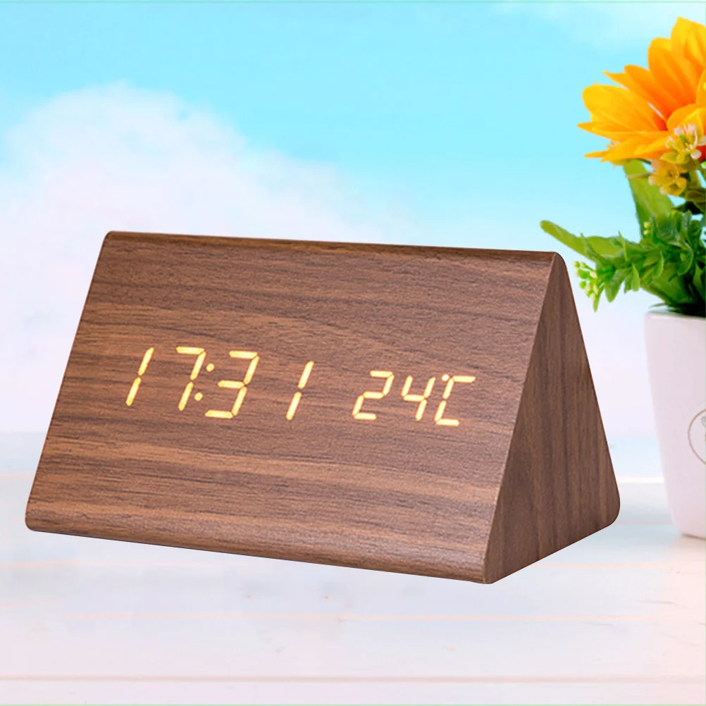 

Brown Wood Digital LED Alarm Clock Temperature Display Adjustable Brightness Mode Desk Clock Desk Alarm