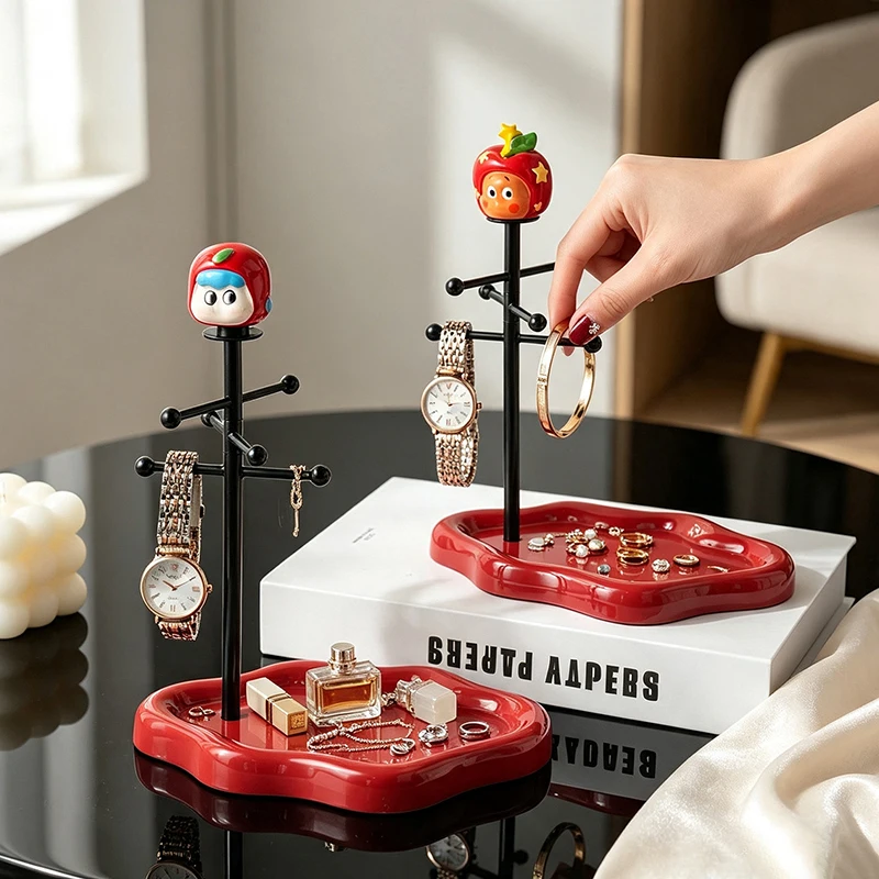 Cartoon Apple Resin Jewelry Display Stand Necklace Ring Earring Holder Desktop Organizer Back to School Vanity Decor Gift