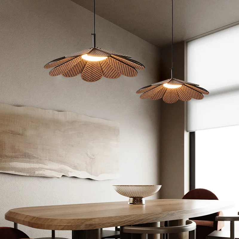 

Korean Wood Dining Room Pendant Lights Petal Shape Warm Bedroom Kitchen Shop Lamp Cord Adjustable Drop Shipping