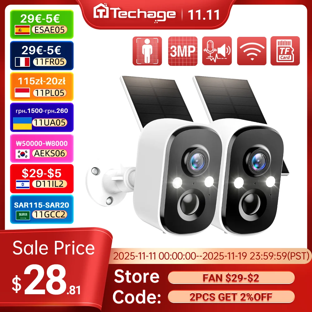 

Techage 1/3/5pc 3MP Wireless Solar Battery IP Camera Security Outdoor WiFi PIR Camera 2-Way Audio Human Detect Support Alex