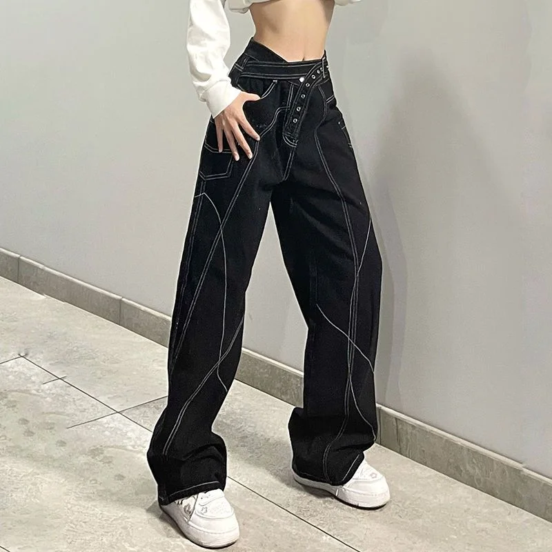 

Black High Waist Women Jeans Blue American Fashion Vintage Streetwear Y2K Wide Leg Jean 2024 Female Trouser Baggy Denim Pants