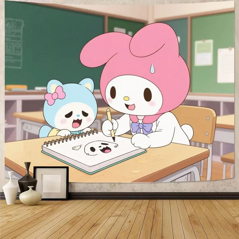 

1 шт. розовый гобелен My Melody Kawaii, милый настенный рисунок для классной комнаты, эстетический полиэстер, декор для спальни в общежитии, подарок для фанатов.