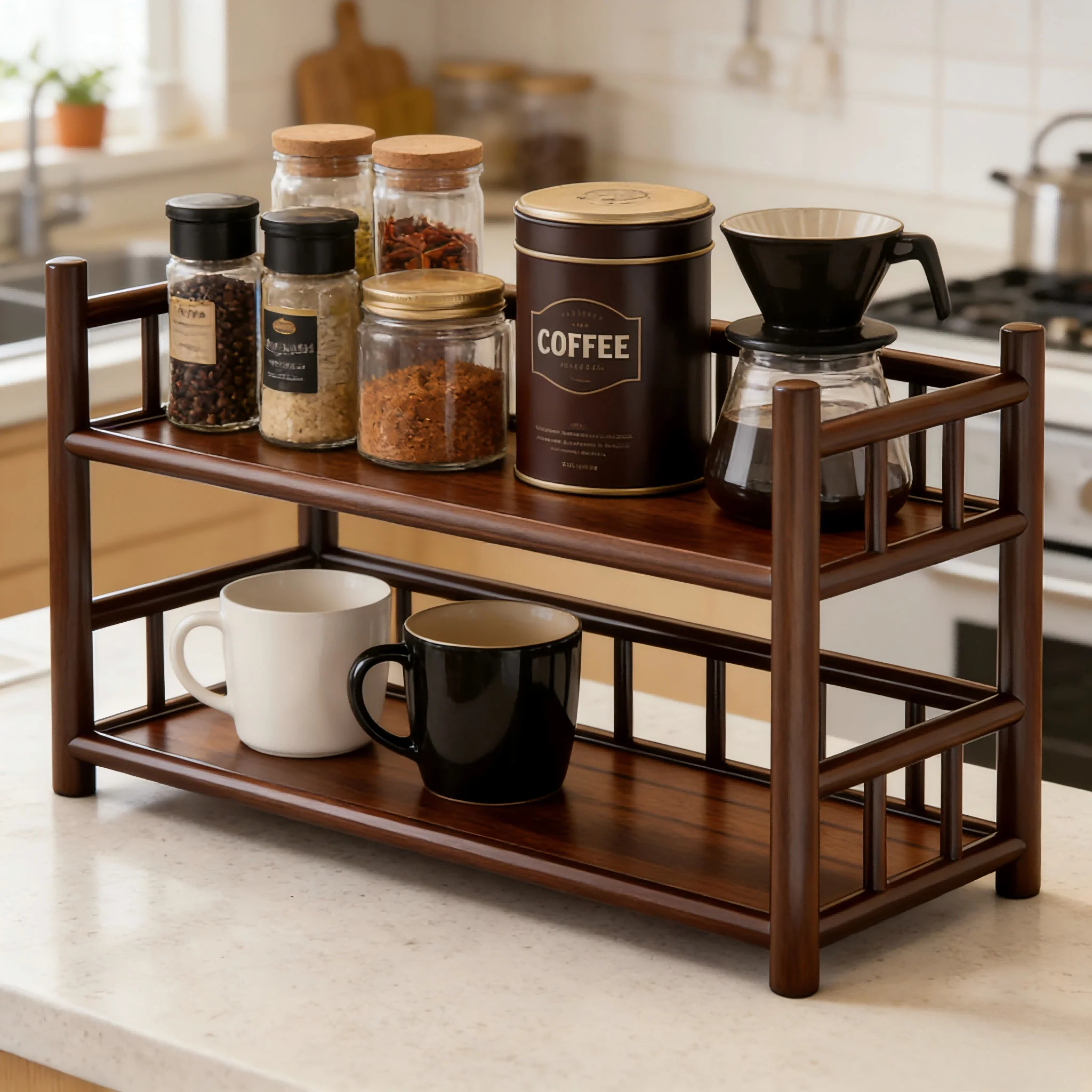 Bamboo Matcha & Coffee Station Organizer Shelf for Kitchen Countertop, Tea Bar Storage Rack for Matcha Powder