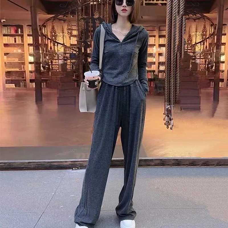 Casual Sporty Thin Hoodie And Pants Set for Women Autumn Early Season Elegant Wide Leg Pants Loose High End Two Piece Set