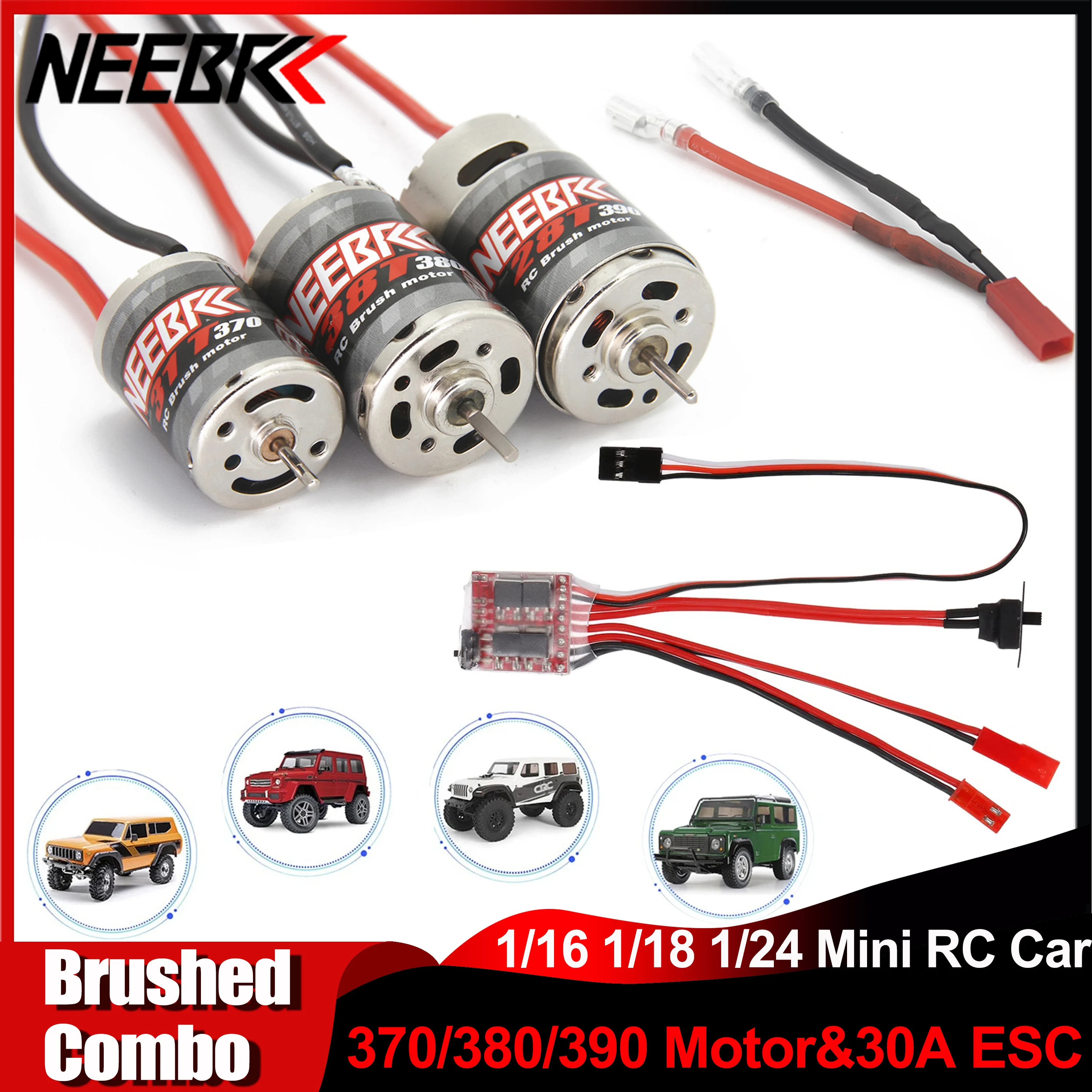 

NEEBRC 370 380 390 Brushed Motor 30A ESC Brake Dual Way Adapter Connection Cable Combo for 1/16 1/18 1/24 RC Mini Cars Boat Tank