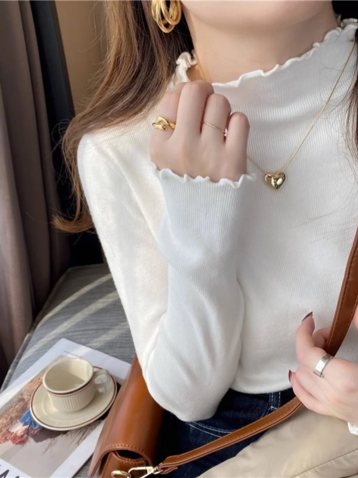 

Женский вязаный свитер Ele Base Layer irt с высоким воротником, осень-зима, новый модный топ с деревянным дизайном