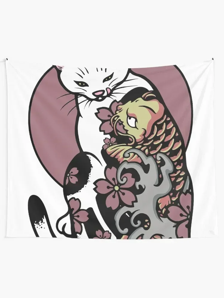 Monmon cat - Cat with japanese tattoo -Ko? Fish Tapestry Hanging Wall Aesthetic Room Decor Cute Decor Tapestry