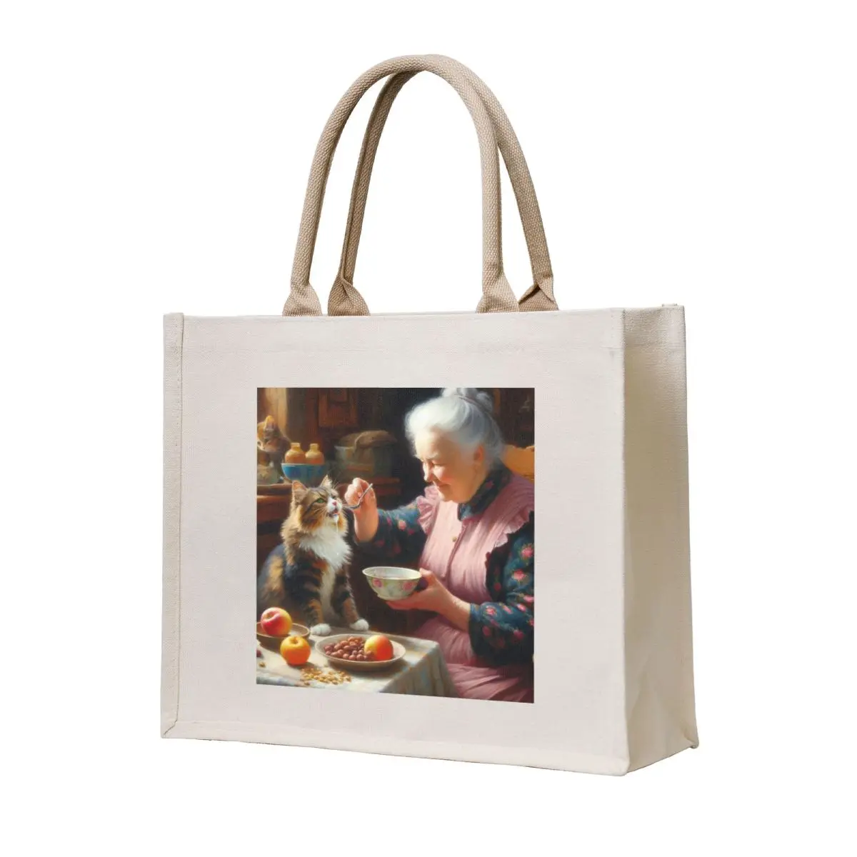 

Grandma feeding the Cat Tote Bag cloth bag woman Beach bag Big Portable shopping