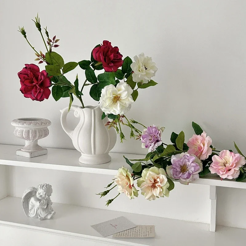 Картина 4: Искусственная Роза в стиле ретро с двумя разветвлениями, украшение для дома, украшение для фотосъемки, реквизит, Шелковый цветок