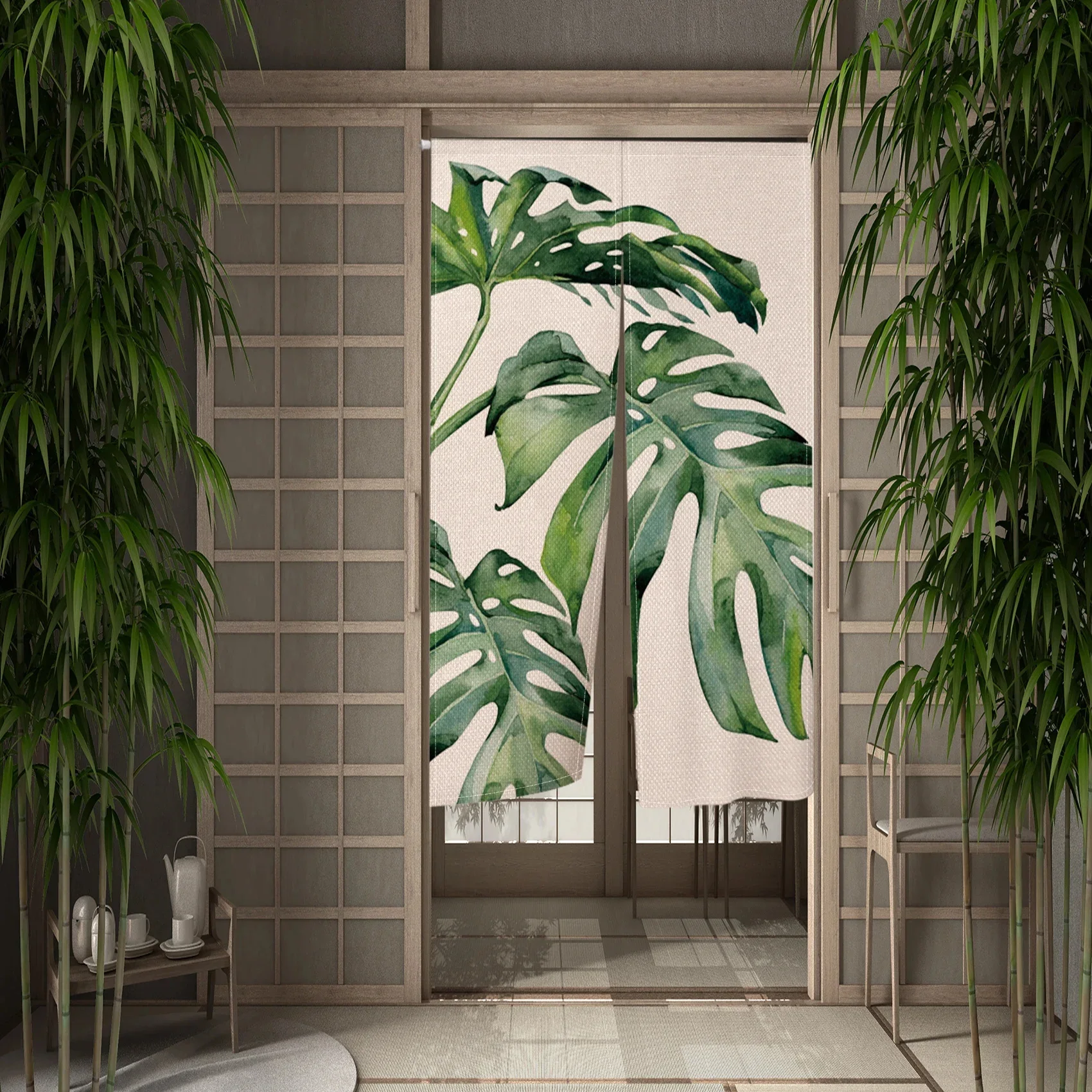 Tropical Plants Leaves Door Curtain Japanese Botanical Doorway Curtains for Living Room Bedroom Entrance Partition Noren