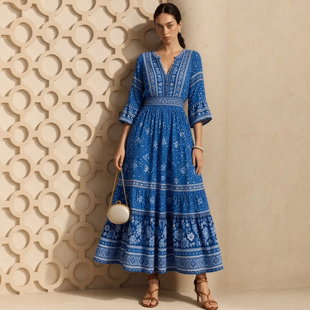 Zekye Summer New Casual Style Noble Oil Painting Flower Ethnic Style Bohemian Style Dress Women's V-neck Waist Big Swing Dress