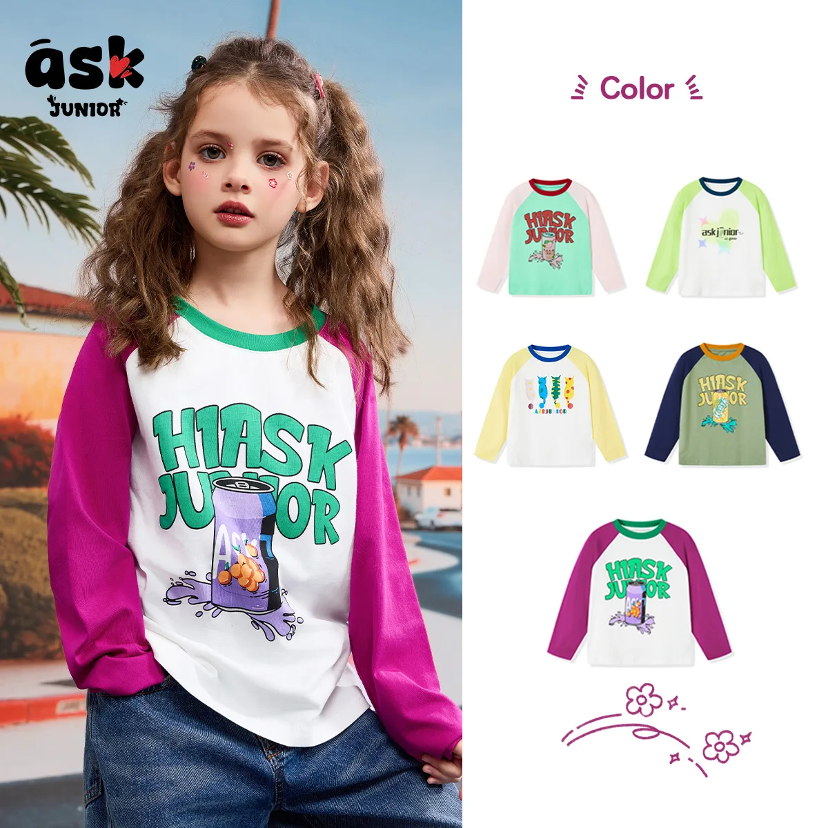 

Ask Junior Spring and Autumn Children's Long-sleeved Jumper Girl's and Boy's Same Shoulder-sleeved Contrasting T-shirt