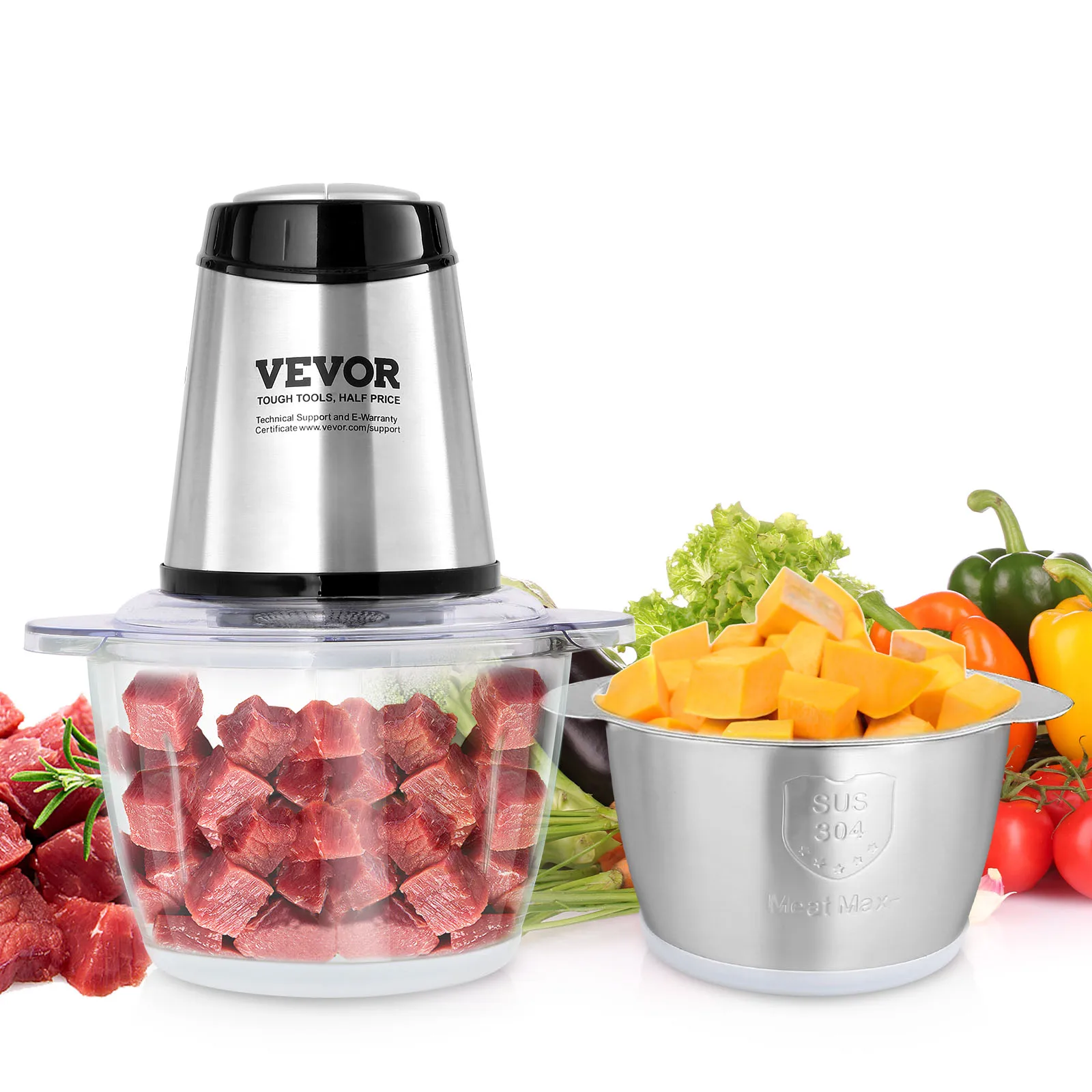 SucceBuy Food Processor Electric Meat Grinder with 4Wing Stainless Steel Blades 8+5 Cup 2 Bowls Electric Food Chopper 2 Speeds