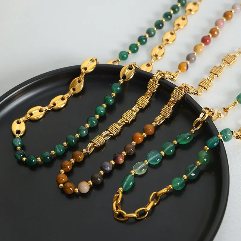 Green Agate Beaded Necklace for Women Stainless Steel Gold Plated Chain Female Elegant Jewelry Ethnic Style Accessories Sale